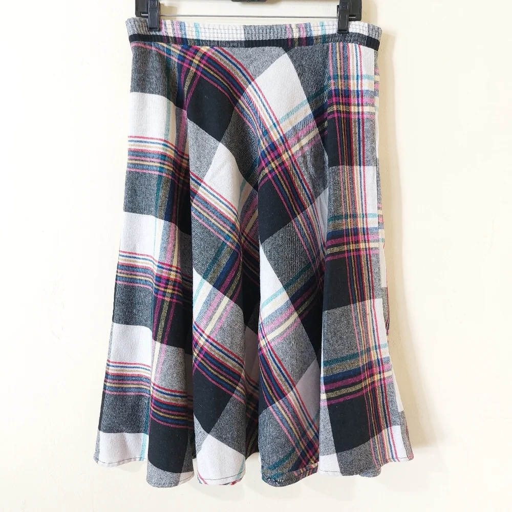 Vintage 80s Plaid Multicolor Pink Black Yellow A-Line Circle Midi Skirt - Picture 5 of 12